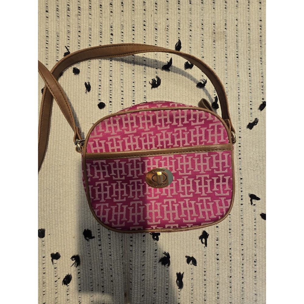 TOMMY HILFIGER SIGNATURE TH LOGO PRINT PINK JACQUARD CANTEEN CROSSBODY PURSE Y2K - Picture 2 of 9